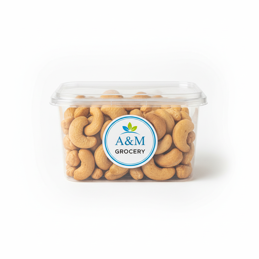 i want a picture for cashews in a clear box but with A&M Grocery logo 